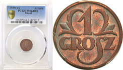 Poland II Republic 
POLSKA / POLAND / POLEN

II RP. 1 grosz 1939 PCGS MS64 RB 
Menniczy egzemplarz wyjęty prosto z rulonu bankowego. Mocny połysk,...