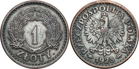 Probe coins of the Second Polish Republic
POLSKA / POLAND / POLENII RP. PROBA / PATTERN

II RP. PROBE copper 1 zloty 1928 - RARE 
Moneta wybita w ...