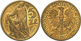 Probe coins Polish People Republic (PRL)
POLSKA / POLAND / POLEN / PATTERN

PRL. PROBE brass 5 zlotych 1959 Rybak 
Bardzo rzadka próbna moneta wyb...