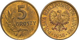 Probe coins Polish People Republic (PRL)
POLSKA / POLAND / POLEN / PATTERN

PRL. PROBE brass 5 groszy 1958 
Na rewersie wklęsły napis PRÓBA. Nakła...