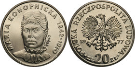 Collection - Nickel Probe Coins
POLSKA / POLAND / POLEN / PATTERN

PRL. PROBE Nickel 20 zlotych 1977 Maria Konopnicka (duży Orzeł) 
Piękny egzempl...