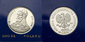 Coins Poland People Republic (PRL)
POLSKA / POLAND / POLEN

PRL. 200 zlotych 1979 Mieszko I, popiersie 
Menniczy egzemplarz w oryginalnym niebiesk...