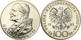 Coins Poland People Republic (PRL)
POLSKA / POLAND / POLEN

PRL. 100 zlotych 1982 Pope John Paul II, stempel zwykły 
Menniczy egzemplarz z pięknym...