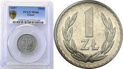 Coins Poland People Republic (PRL)
POLSKA / POLAND / POLEN

PRL. 1 złoty 1957 aluminum PCGS MS66 (2 MAX)
Druga najwyższa nota gradingowa na świeci...