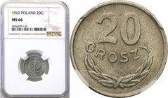 Coins Poland People Republic (PRL)
POLSKA / POLAND / POLEN

PRL. 20 groszy 1962 aluminum (bez znaku) NGC MS66 (2 MAX) 
Druga najwyższa nota gradin...