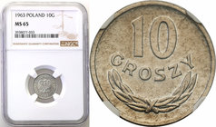 Coins Poland People Republic (PRL)
POLSKA / POLAND / POLEN

PRL. 10 groszy 1963 aluminum NGC MS65 
Idealnie zachowana moneta. Połysk. Fischer OB 0...