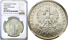 Polish collector coins after 1990
POLSKA / POLAND / POLEN

III RP. 100.000 zlotych 1990 Solidarity typ B, NGC MS66 
Wariant bez L pod 1990.Mennicz...