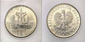 Polish collector coins after 1990
POLSKA / POLAND / POLEN

III RP. 100.000 zlotych 1990 Solidarity typ A 
Wspaniale zachowany egzemplarz, intensyw...