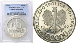 Polish collector coins after 1990
POLSKA / POLAND / POLEN

III RP. 100.000 zlotych 1990 Solidarity - odwrócona flaga PCGS MS66 
Piękny menniczy eg...