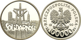 Polish collector coins after 1990
POLSKA / POLAND / POLEN

III RP. 100.000 zlotych 1990 gruba Solidarity 
Menniczy stan zachowania. Mocny połysk.F...