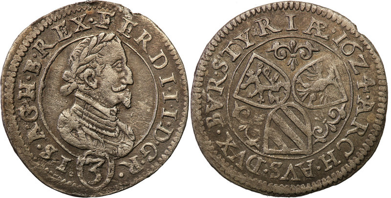 Austria
Austria. Ferdynand III (1619-1637). 3 krajcary 1624, Graz 
Patyna, del...