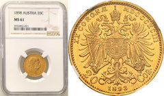 Austria
Austria. Francis Joseph I. 20 koron (kroner) 1898 NGC MS61 
Pięknie zachowana moneta. Połysk.Friedberg 504
Waga/Weight: Metal: Średnica/dia...