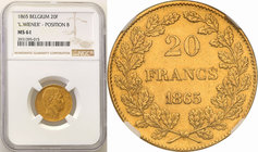Belgium
Belgium. 20 francs 1865 NGC MS61 
Atrakcyjny egzemplarz z zachowanym połyskiem menniczym i wyraźnymi detalami. Tylko 3 monety ocenione wyżej...