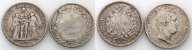 France
France. 5 francs 1831 W + 1848 A, group 2 coins. 
Patyna. 
Waga/Weight: 49,24 g Ag .900 Metal: Średnica/diameter: 
Stan zachowania/conditio...
