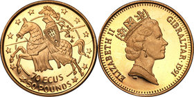 Gibraltar
Gibraltar. Elżbieta II. 50 funtów = 70 ecus 1991 
Piękny menniczy egzemplarz.Friedberg 14
Waga/Weight: 6.29 g Au .500 Metal: Średnica/dia...