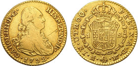 Spain
Spain. Carlos IV (1788-1808). 1 escudos 1792 M, Madryt 
Resztki połysku w zakamarkach. Ryska.Friedberg 298
Waga/Weight: 3,41 g Au .875 Metal:...