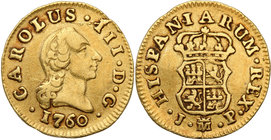 Spain
Spain. Carlos III (1759-17788). 1/2 escudo 1760 M, Madryt 
Patyna.Friedberg 278
Waga/Weight: 1,78 g Au .875 Metal: Średnica/diameter: 
Stan ...
