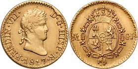 Spain
Spain. Fernando VII (1808-1833). 1/2 escudo 1817 
Ładny egzemplarz. Dużo połysku menniczego.Friedberg 318
Waga/Weight: 1,62 g Au Metal: Średn...