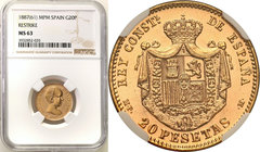 Spain
Spain. Alfons XIII. 20 Pesetas 1887 nowe bicie (1961 r.) NGC MS63 
Wyśmienicie zachowana moneta w amerykańskim gradingu NGC z bardzo wysoką no...