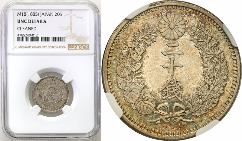 Japan
Japan. 20 sen Yr. 18 Meiji (1885) NGC UNC 
Piękny, menniczy egzemplarz. ...