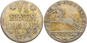 Germany / Prussia
Germany, Braunschweig Wolfenbüttel. 1/6 Talar (Thaler) 1754 LM-ACB 
Zielonkawa patyna.
Waga/Weight: 5,50 g Ag Metal: Średnica/dia...