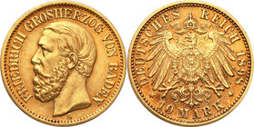 Germany / Prussia
Germany, Badenia. Fryderyk I (1856-1907). 10 mark 1898 G 
Bardzo ładny egzemplarz. Delikatna patyna.Jaeger 188; Friedberg: 3757
W...