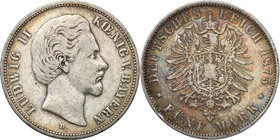 Germany / Prussia
Germany, Bawaria. 5 mark 1875 D 
Kolorowa patyna. Przetarcie na awersie.Jaeger 42
Waga/Weight: 27,43 g Ag Metal: Średnica/diamete...