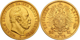 Germany / Prussia
Germany, Prusy. Wilhelm I. 20 mark 1871 C, Frankfurt 
Pięknie zachowana moneta.Friedberg 3818
Waga/Weight: 7,95 g Au Metal: Średn...