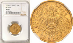 Germany / Prussia
Germany, Prusy. 20 mark 1905 A, Berlin NGC MS61 
Pięknie zachowana moneta. Połysk, delikatna patyna.AKS 124; Jaeger 252
Waga/Weig...