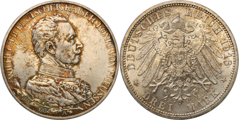 Germany / Prussia
Germany, Prusy. 3 mark 1913 A 
Połysk. Kolorowa patyna zacho...