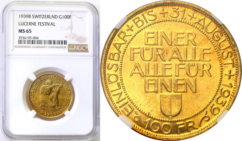 Switzerland
Switzerland. 100 francs 1939, Lucerna NGC MS65 
Festiwal strzeleck...