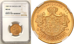 Sweden
Sweden. Oskar II. 20 koron (kroner) 1889 Sztokholm NGC MS64 
Idealnie zachowana moneta. Połysk na całej powierzchni.Friedberg 93 a
Waga/Weig...