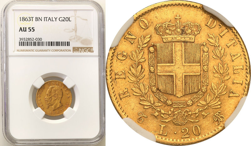 Italy
Italy. 20 lire (lira) 1863 T-BN NGC AU55 
Ładny egzemplarz.Friedberg 11...