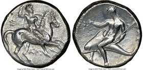 CALABRIA. Tarentum. Ca. 332-302 BC. AR didrachm (21mm, 10h). NGC VF. Ari- magistrate. Nude warrior on horse rearing right, shield and two lances in le...