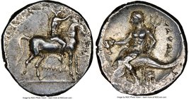 CALABRIA. Tarentum. Ca. 281-240 BC. AR didrachm (20mm, 6.45 gm, 6h). NGC AU 3/5 - 3/5, flan flaw. Philiskos, magistrate. Youth on horseback right, han...