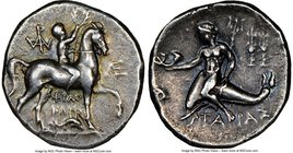 CALABRIA. Tarentum. Ca. 240-228 BC. AR stater (20mm, 5.96 gm, 11h). NGC XF 5/5 - 2/5, scratches. Nude rider on horseback right, crowning prancing moun...