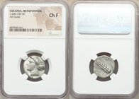LUCANIA. Metapontum Ca. 400-340 BC. AR stater (19mm, 10h). NGC Choice Fine. Head of Demeter left / Barley ear with seven grains, METAΠ in left field, ...