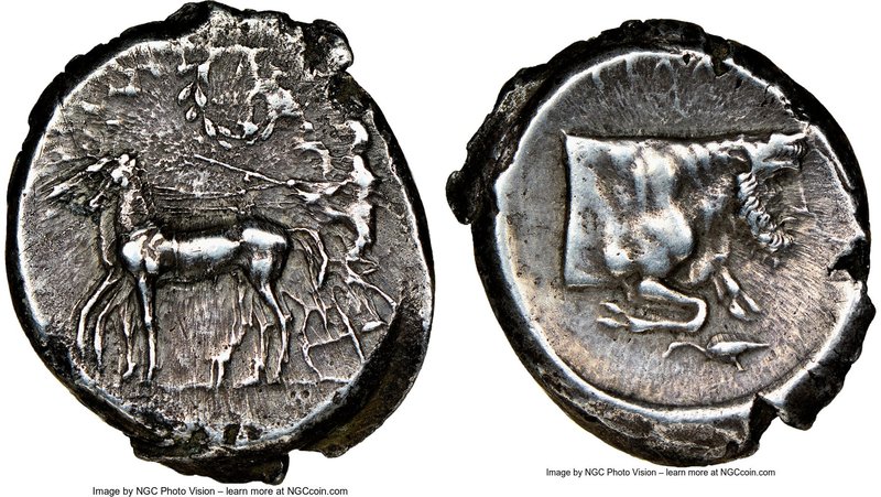 SICILY. Gela. Ca. 430-425 BC. AR tetradrachm (25mm, 16.73 gm, 2h). NGC XF 4/5 - ...