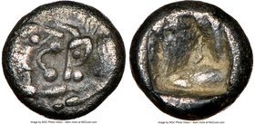 LYDIAN KINGDOM. Croesus or later (ca. 561-546 BC). AR 1/12 stater (8mm, 0.59 gm). NGC XF 5/5 - 3/5. Sardes. Confronted foreparts lion on left and bull...