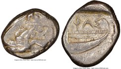 LYCIA. Phaselis. Ca. 500-440 BC. AR stater (21mm, 2h). NGC VF. Prow of galley left in the form of a forepart of a boar, three shields above / ΦΑΣ, ste...