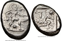 PAMPHYLIA. Aspendus. Ca. mid-5th century BC. AR stater (17mm, 2h). NGC Choice VF. Helmeted nude hoplite warrior advancing right, shield in left hand, ...