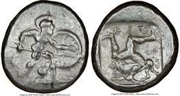 PAMPHYLIA. Aspendus. Ca. mid-5th century BC. AR stater (19mm, 5h). NGC VF. Helmeted nude hoplite warrior advancing right, shield in left hand, spear f...