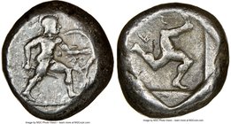 PAMPHYLIA. Aspendus. Ca. mid-5th century BC. AR stater (17mm, 9h). NGC VF. Helmeted nude hoplite advancing right, shield in left hand, spear forward i...