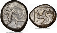 PAMPHYLIA. Aspendus. Ca. mid-5th century BC. AR stater (17mm, 3h). NGC Choice Fine. Helmeted nude hoplite advancing right, shield in left hand, spear ...