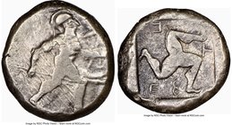 PAMPHYLIA. Aspendus. Ca. mid-5th century BC. AR stater (19mm, 5h). NGC Choice Fine. Helmeted nude hoplite advancing right, shield in left hand, spear ...