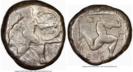 PAMPHYLIA. Aspendus. Ca. mid-5th century BC. AR stater (18mm, 4h). NGC Fine. Helmeted nude hoplite advancing right, shield in left hand, spear forward...
