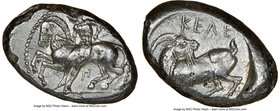 CILICIA. Celenderis. Ca. 425-350 BC. AR stater (22mm, 6h). NGC Choice VF. Youthful nude male rider, reins in right hand, kentron in left, dismounting ...