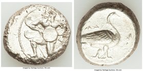 CILICIA. Mallus. Ca. 440-385 BC. AR stater (21mm, 11.04 gm, 9h). VF, graffito. Bearded male, winged, in kneeling/running stance left, holding solar di...