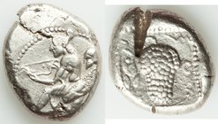 CILICIA. Soloi. Ca. 440-400 BC. AR stater (18mm, 10.67 gm, 12h). VF, test cuts. Amazon, nude to waist, on one knee left, wearing pointed cap, bowcase ...