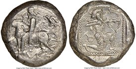 CILICIA. Tarsus. Ca. late 5th century BC. AR stater (20mm, 10.59 gm, 12h). NGC AU 4/5 - 5/5. Satrap on horseback riding left, reins in left hand; eagl...
